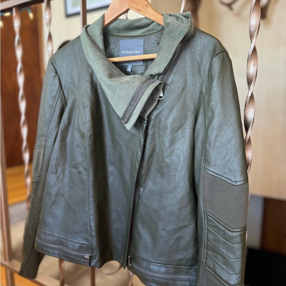 Kate & Mallory Olive Faux Leather Asymmetrical Zip Jacket